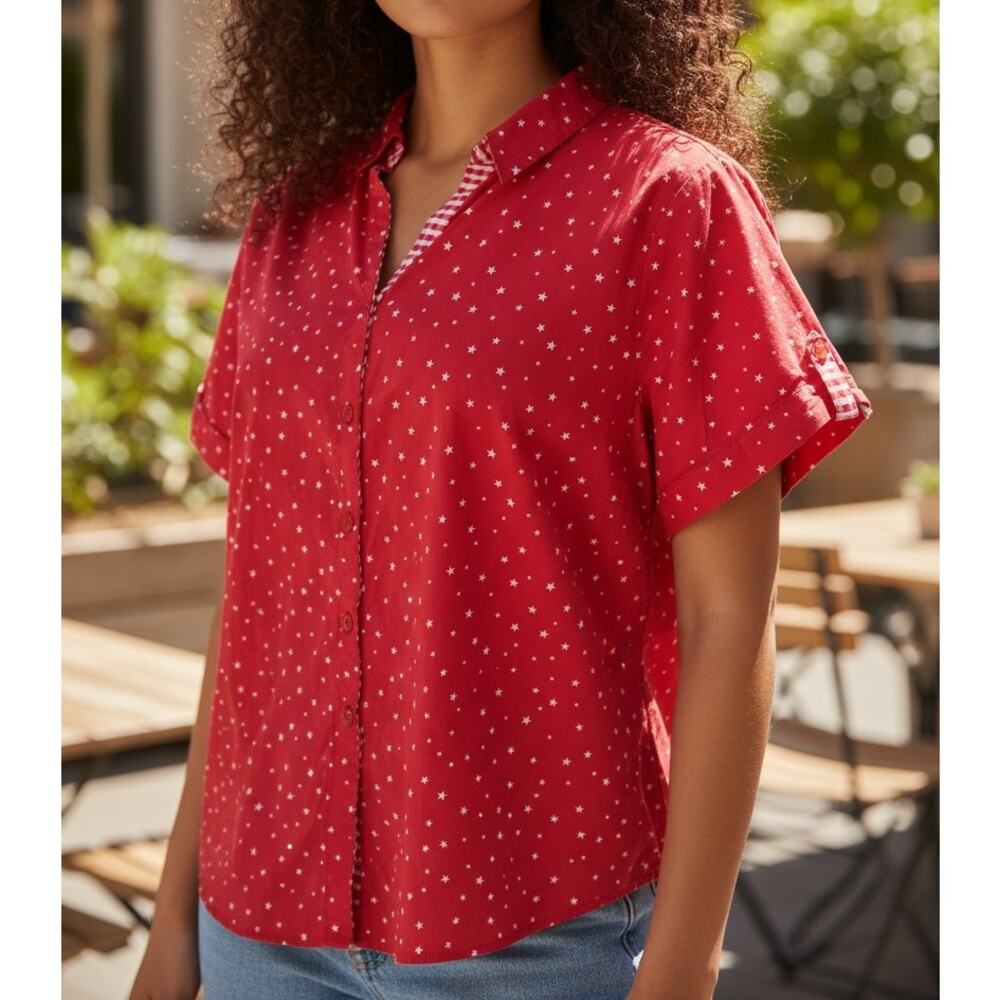 Erika Red Star & Gingham Button-Up Blouse – Plus Size 2X